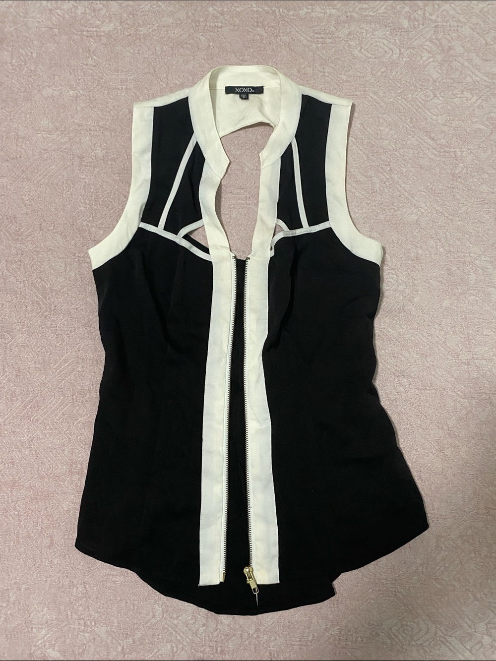 XOXO Black and White Zip-Front Cutout Camisole